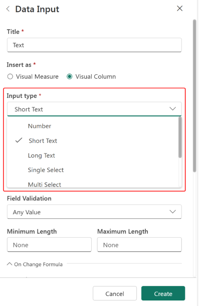 Screenshot of different types of input.