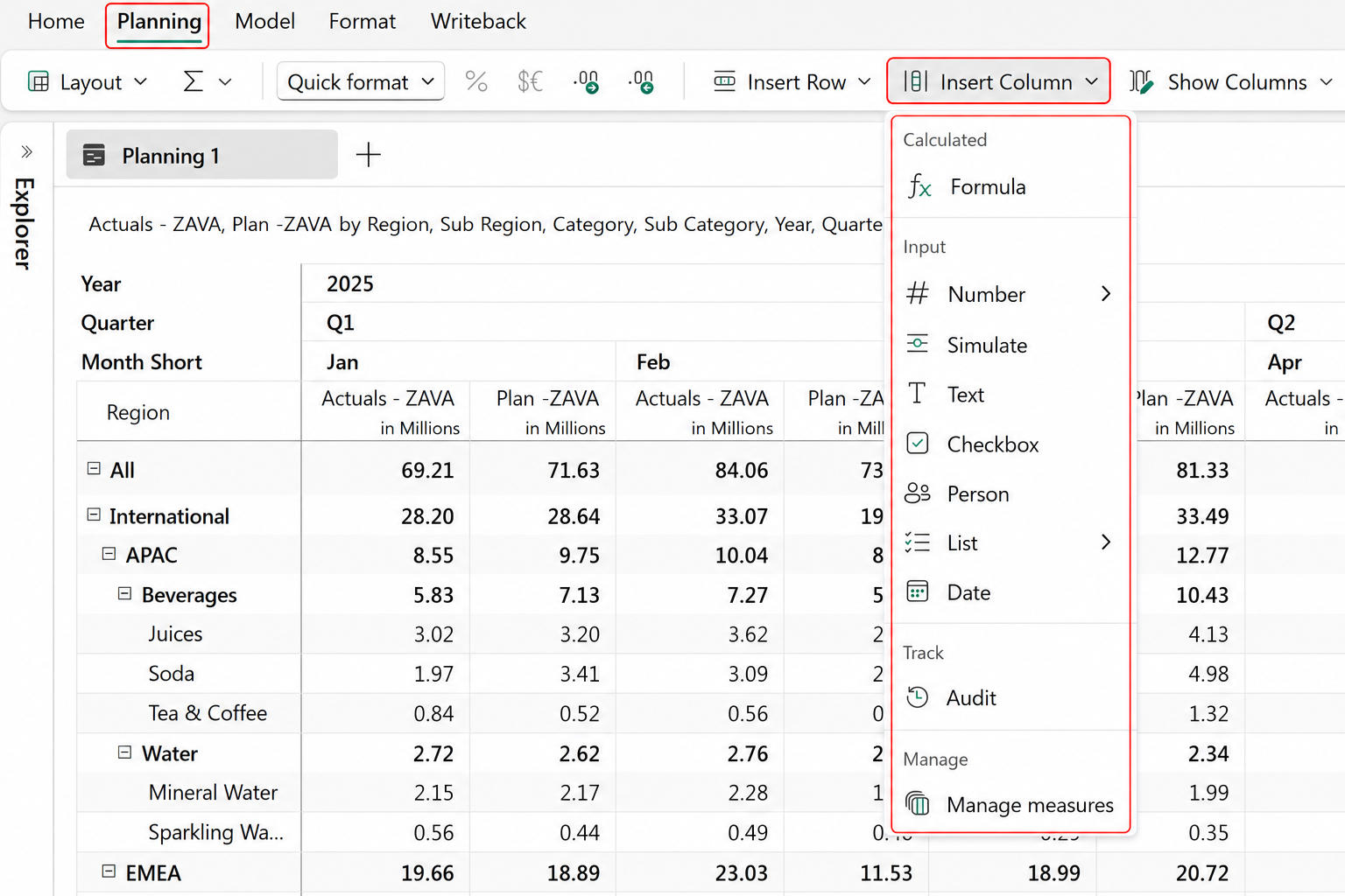 Screenshot of inserting a column using Planning tab.
