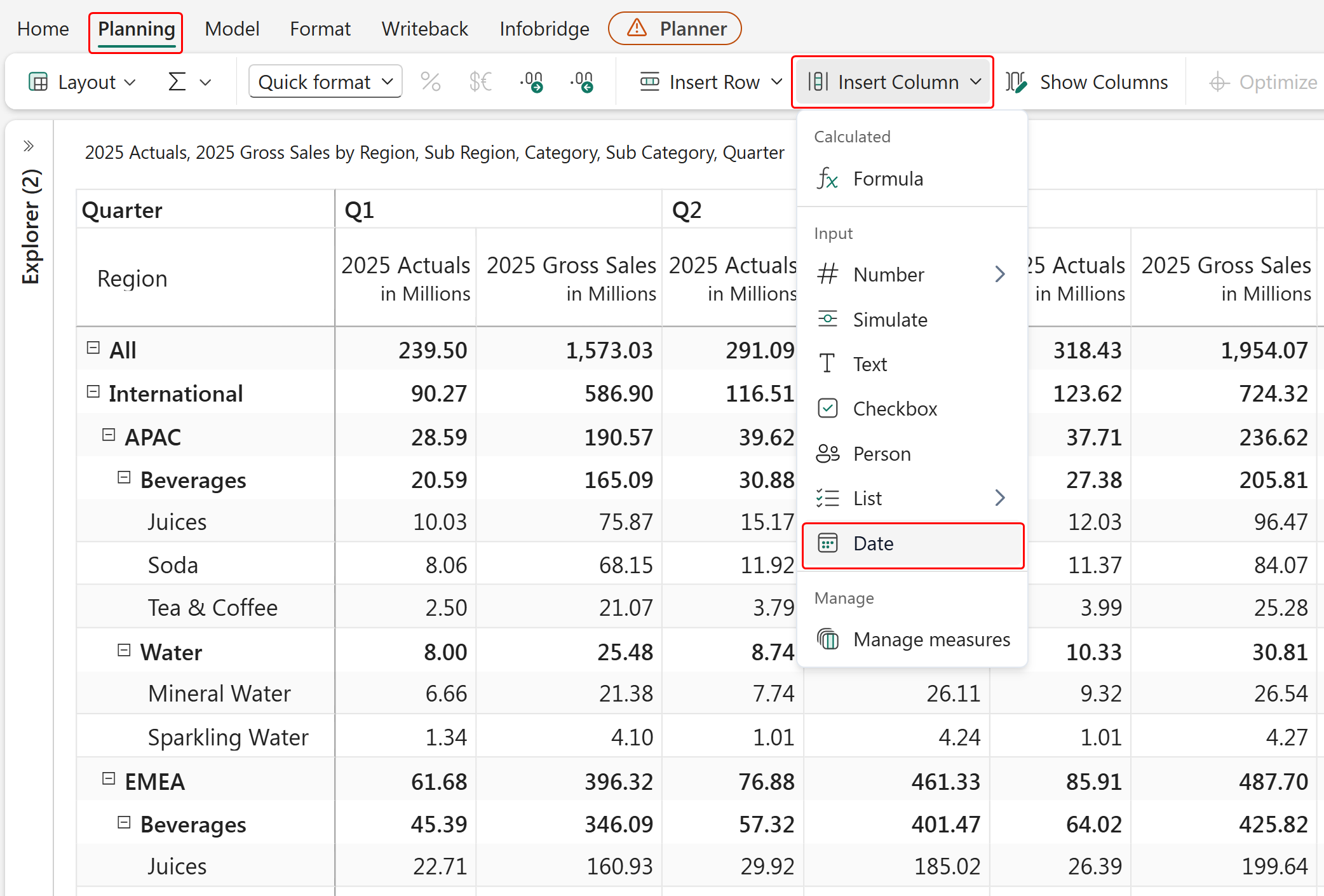 Screenshot of inserting a date column.