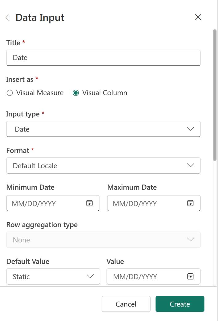 Screenshot of side panel with configuration options for a date column.