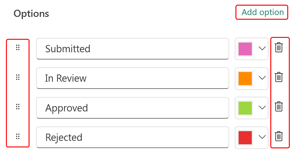 Screenshot of add new option, delete, and reorder options.