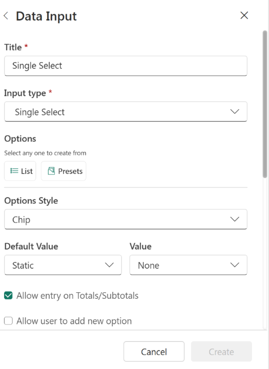 Screenshot of configuration options in the side panel.