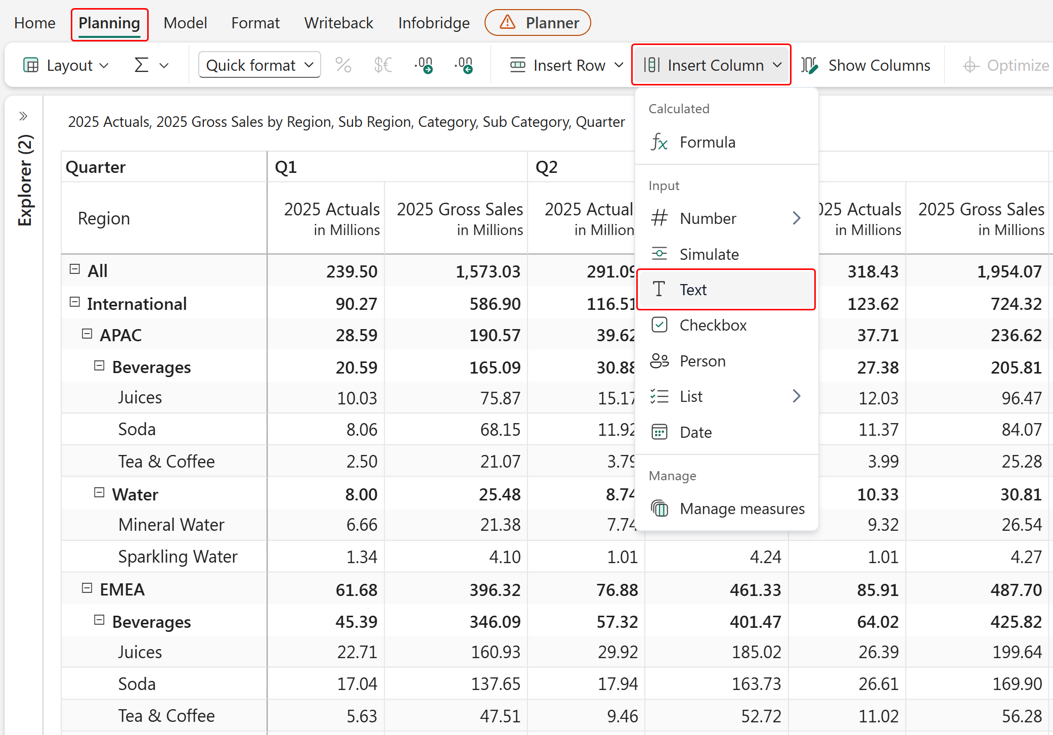 Screenshot of inserting a text column.