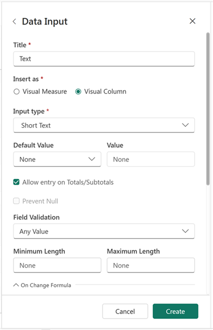 Screenshot of side panel with configuration options for text column.