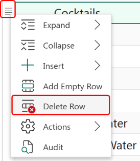 Screenshot of deleting a row.