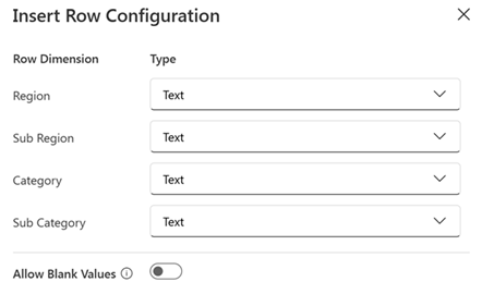 Screenshot of insert row configuration window.