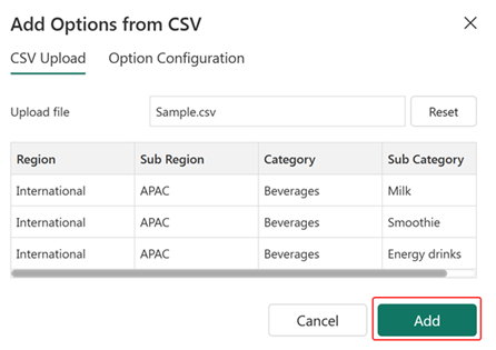 Screenshot of preview data in options list from csv.