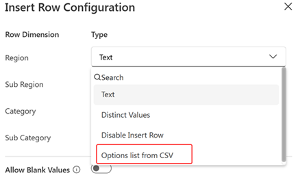Screenshot of selecting options list from csv.