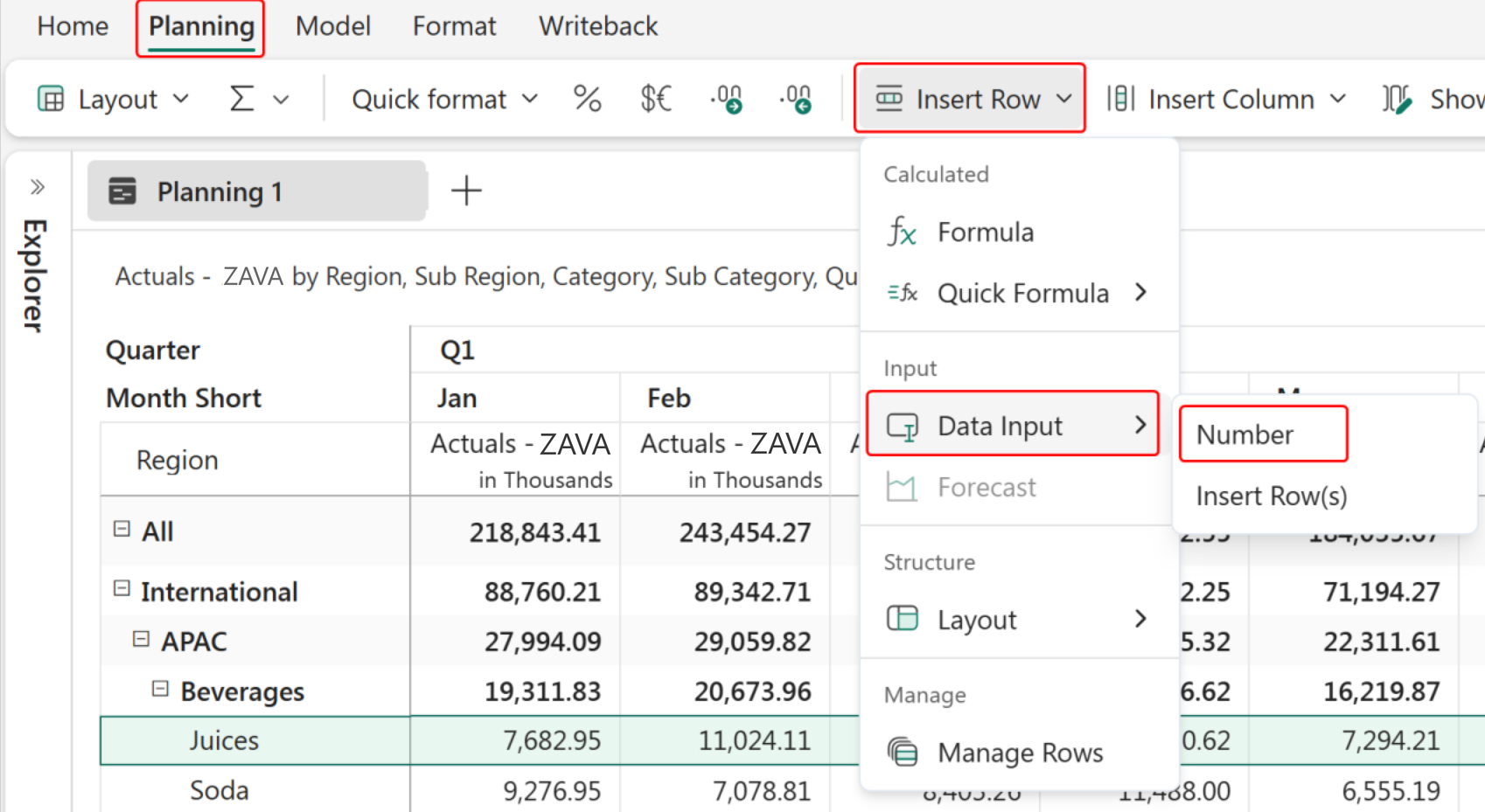 Screenshot of inserting data input rows using Planning tab.