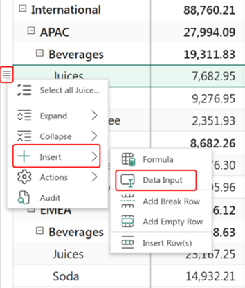 Screenshot of inserting data input rows using row gripper.