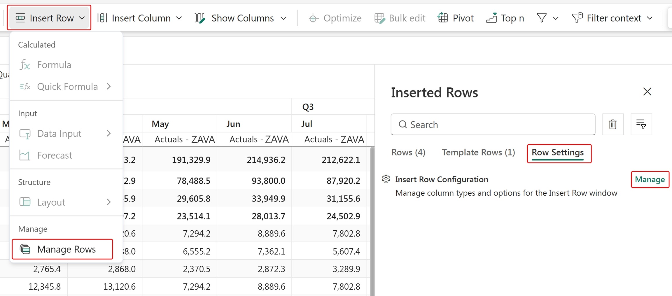 Screenshot of navigation for managing insert row configuration.