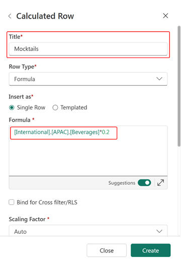 Screenshot of creating a formula row.
