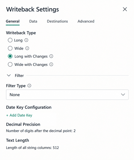 Screenshot of general settings for writeback with the writeback type set to Long with Changes and filter type set to None.