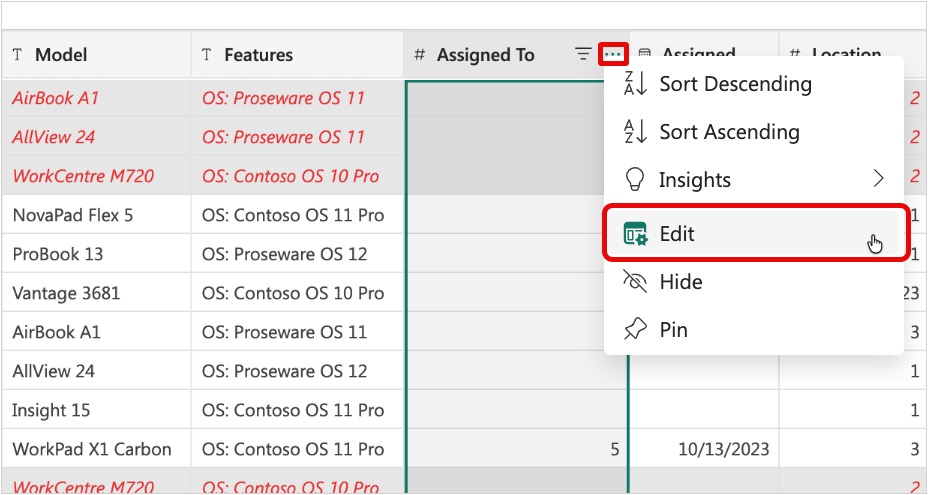 Screenshot of Assigned To column header context menu with the Edit option highlighted.