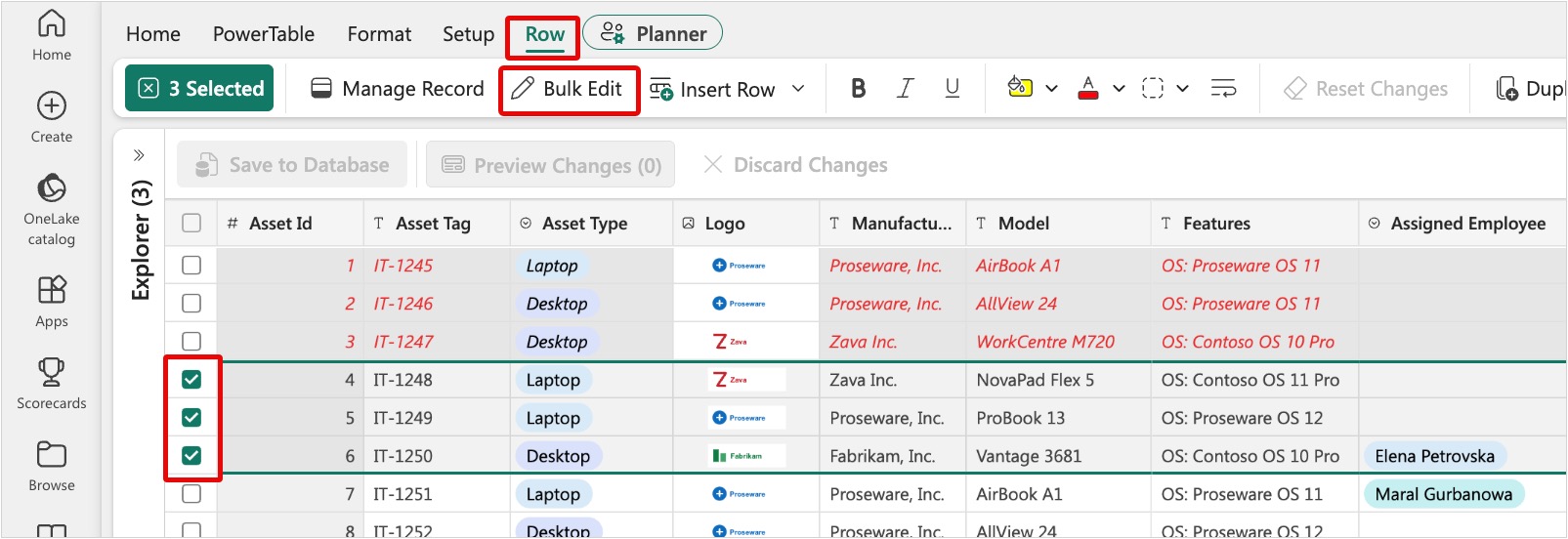Screenshot of Assets sheet with three rows selected and the Bulk Edit button highlighted on the Row tab.