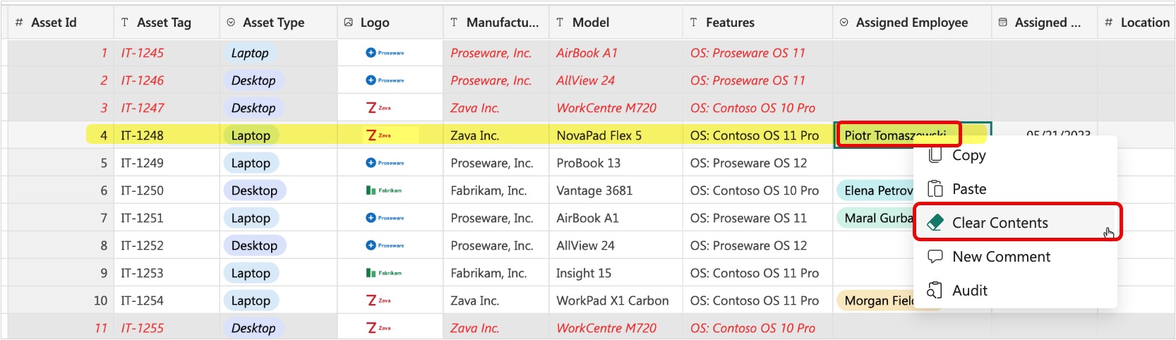 Screenshot of selecting Clear Contents in a cell from the assigned to column.