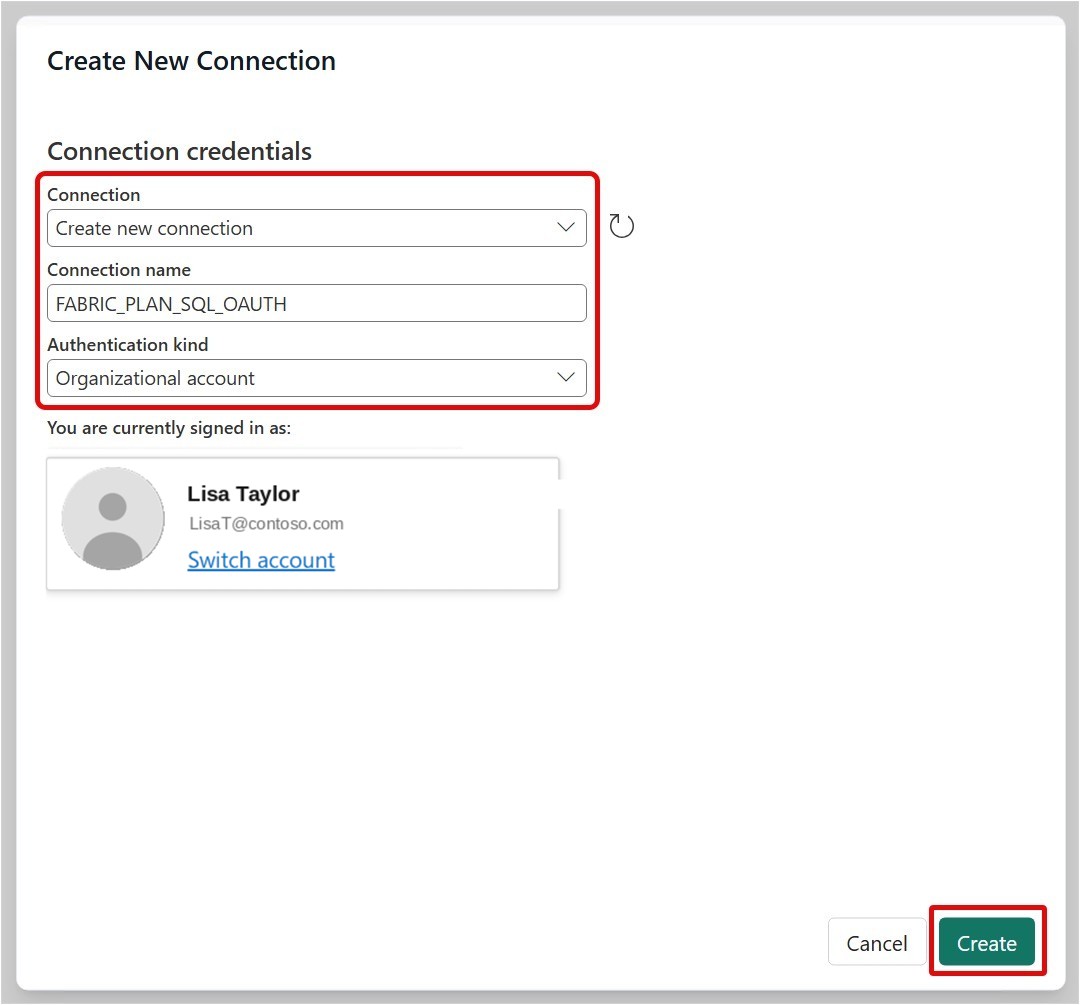 Screenshot of the Create New Connection dialog with Connection, Connection name, Authentication kind, and signed-in account fields.