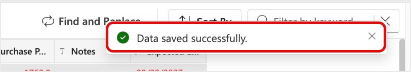 Screenshot of Data saved successfully toast message shown after the save completes.