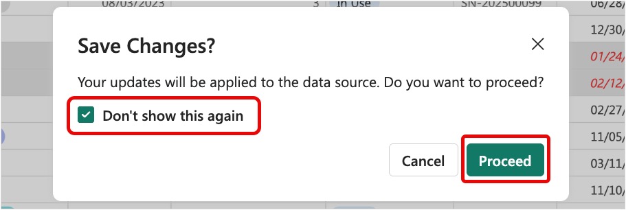 Screenshot of Save confirmation dialog with the Don't show this again option and the Proceed button.