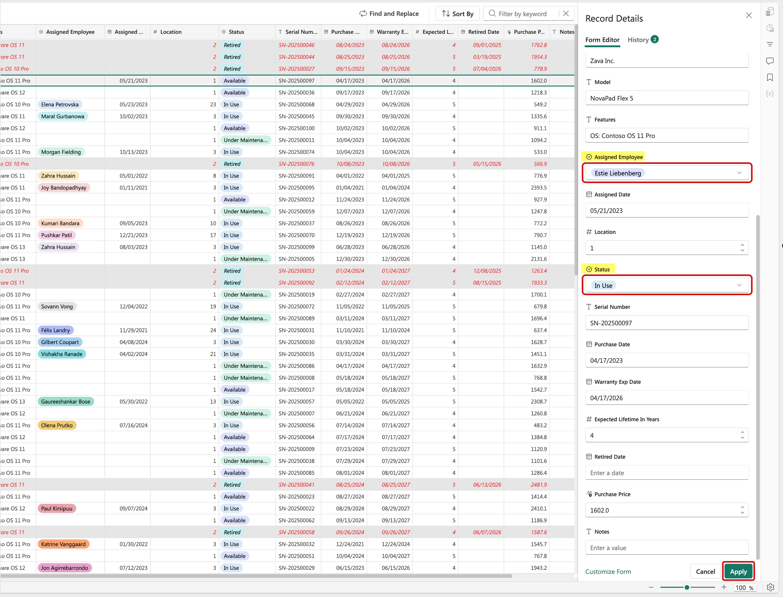 Screenshot of Record Details side panel on the Form Editor tab with the assigned employee and status updated.