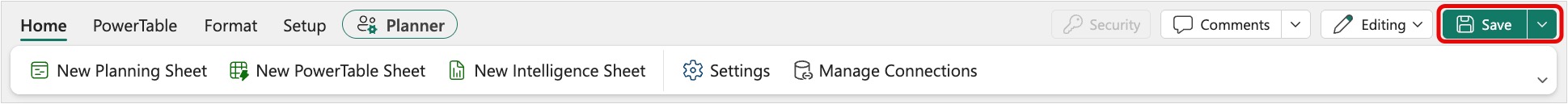 Screenshot of Fabric Plan toolbar with the Save button highlighted in the top-right corner.