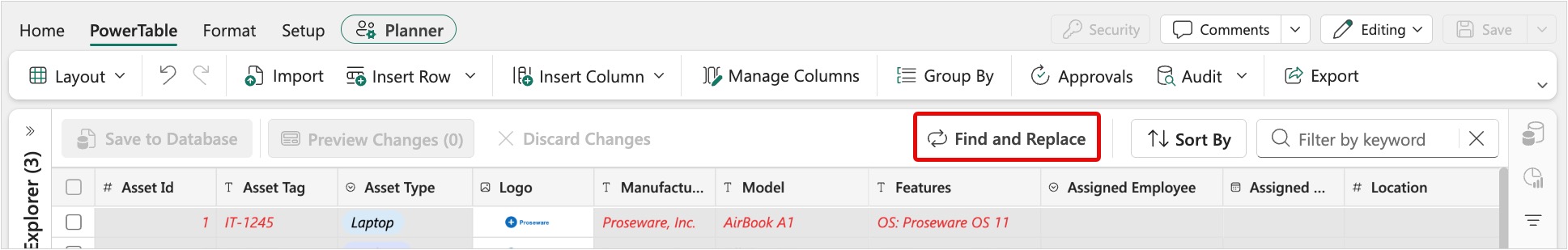 Screenshot of PowerTable toolbar with the Find and Replace button highlighted.