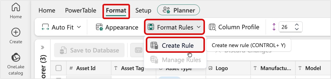 Screenshot of Format tab of the toolbar with the Format Rules dropdown open and Create Rule highlighted.