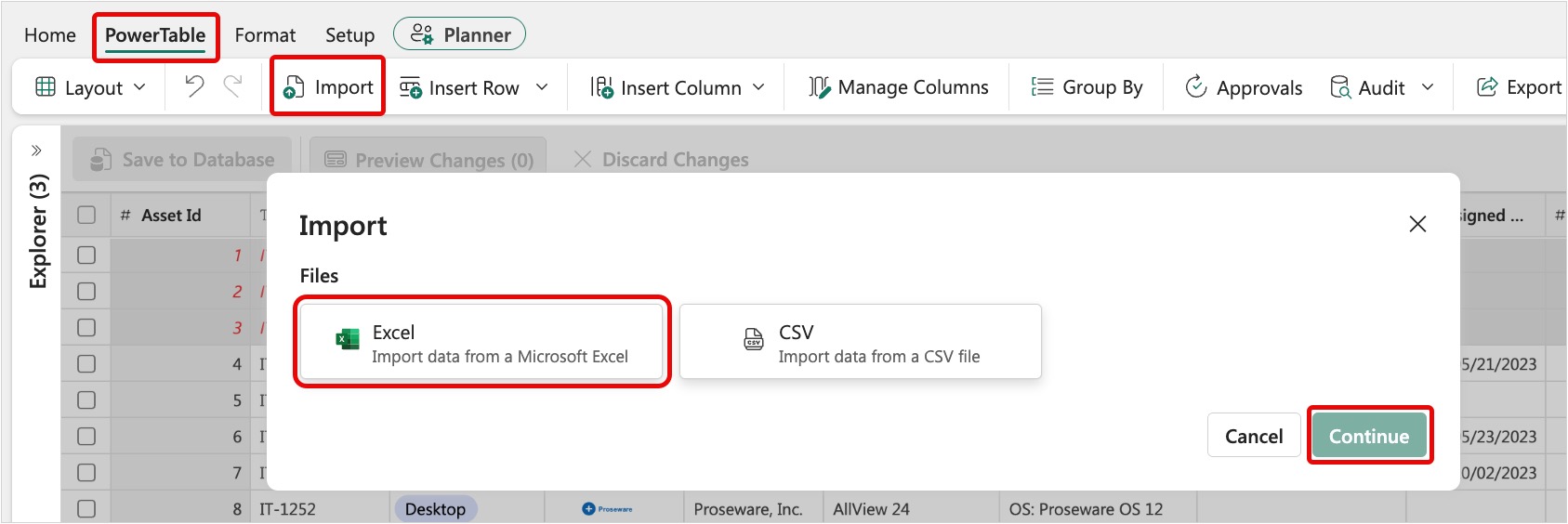Screenshot of Import pop-up dialog with Excel selected and the Continue button highlighted.