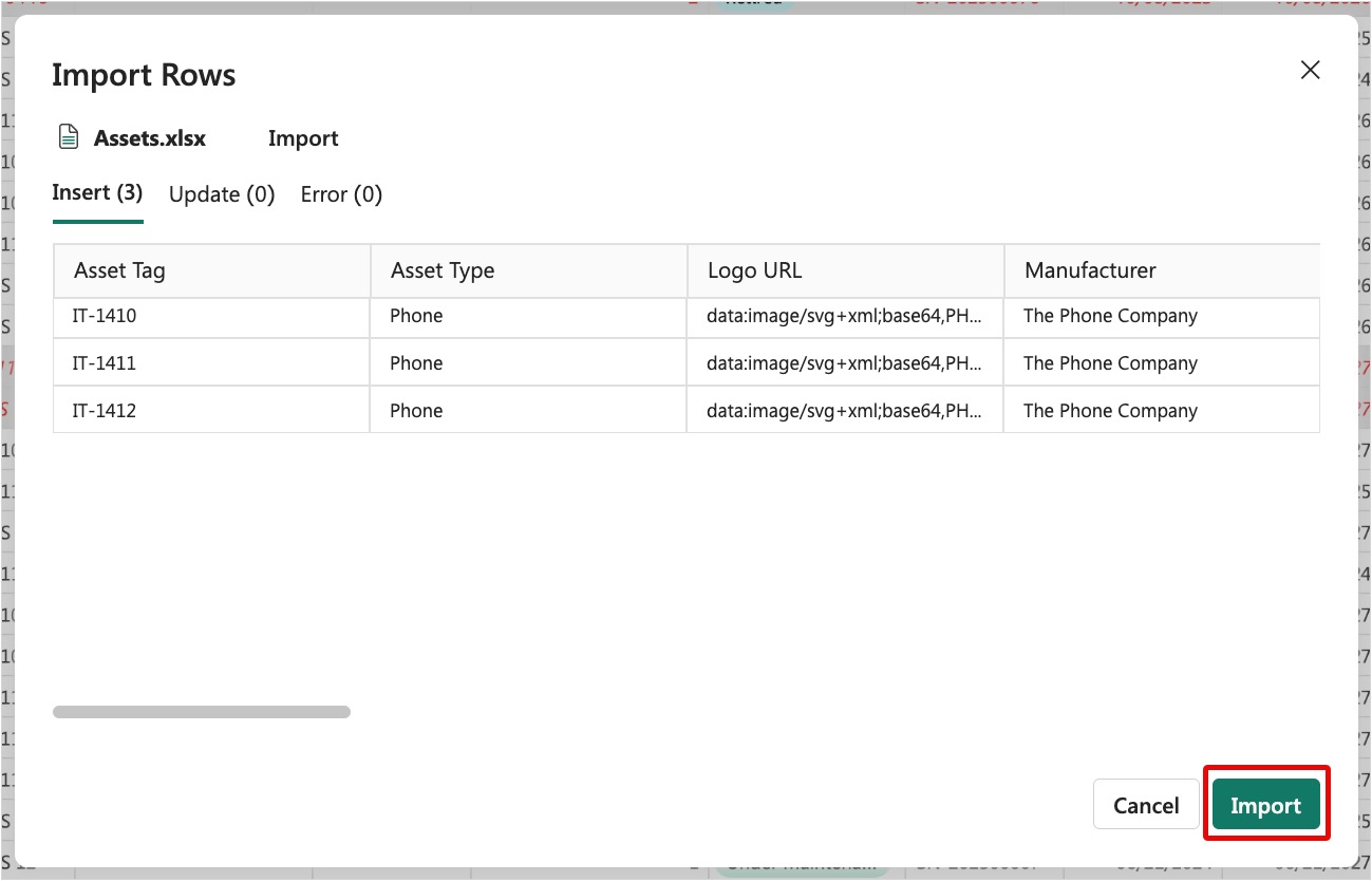 Screenshot of Import Rows dialog summarizing the insert, update, and error counts from the scan.