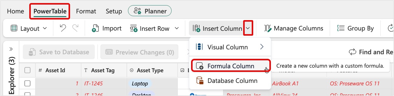 Screenshot of PowerTable ribbon with the Insert Column dropdown open and Formula Column highlighted.