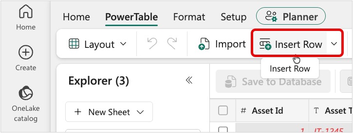 Screenshot of PowerTable tab with the Insert Row button highlighted.