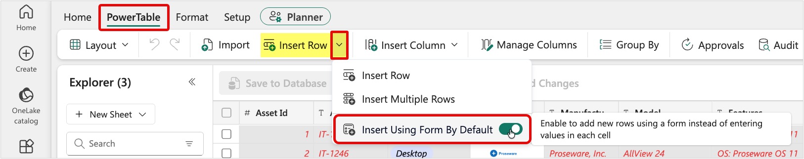 Screenshot of Insert Row dropdown with the Insert Using Form By Default toggle switched on.
