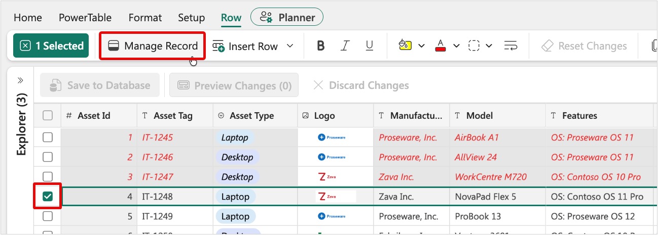  Screenshot of Assets sheet with a row selected and the Manage Record button highlighted in the toolbar.