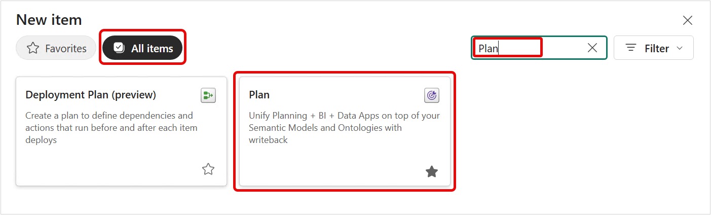 Screenshot of New item side panel filtered by the keyword Plan, with the Plan tile highlighted.