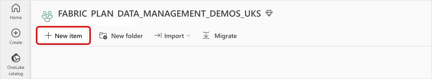 Screenshot of the New item button highlighted in a Fabric workspace.