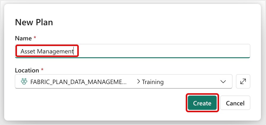 Screenshot of the New Plan dialog with Asset Management typed in the Name box and the Create button highlighted.