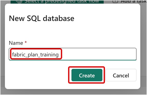 Screenshot of New SQL database dialog with the name fabric_plan_training entered and the Create button highlighted.