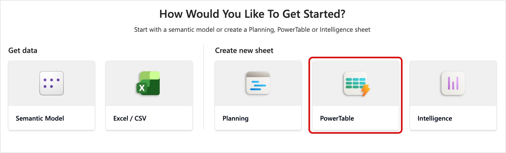Screenshot of the Plan welcome screen with the PowerTable tile highlighted in the Create new sheet section.