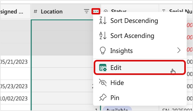 Screenshot of Location column header context menu with the Edit option highlighted.