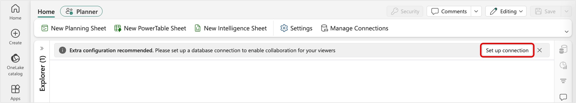 Screenshot of the PowerTable sheet showing the toolbar and highlighted Set up connection option.