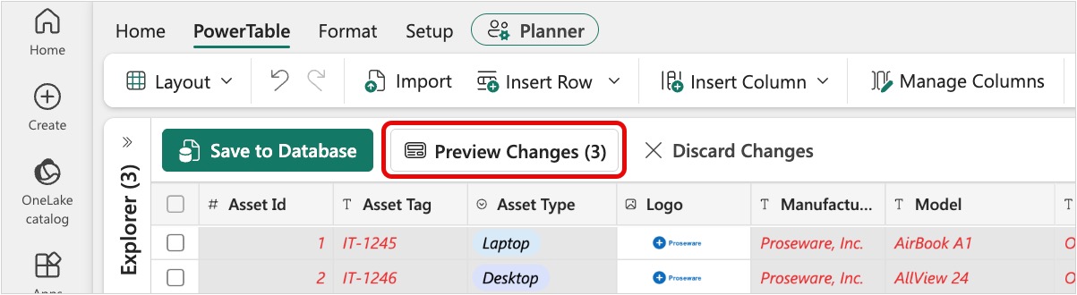 Screenshot of Preview Changes view listing the pending row edits.
