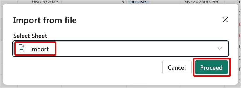 Screenshot of Sheet selection step with the Import sheet selected and the Proceed button highlighted.