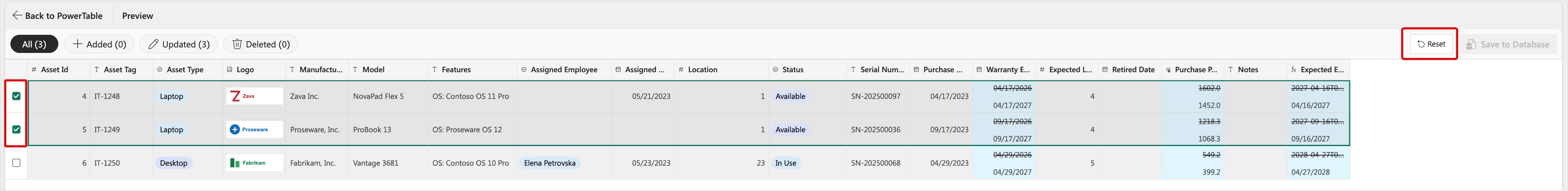 Screenshot of Preview Changes view with rows selected and the revert option available.