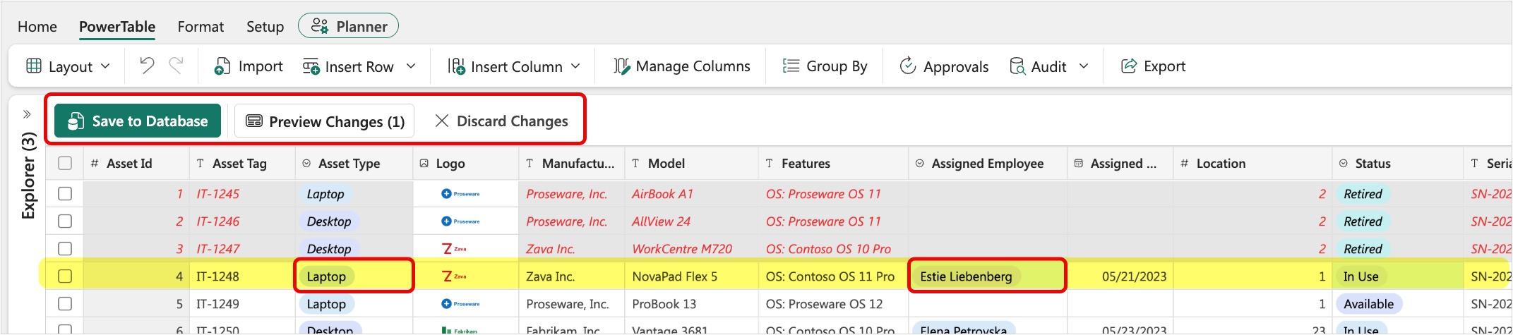 Screenshot of PowerTable action bar showing pending changes with Preview Changes and Discard Changes enabled.