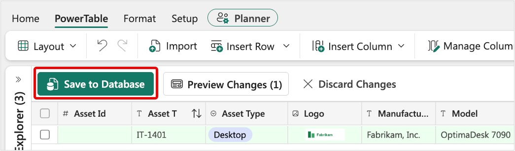 Screenshot of PowerTable action bar with the Save to Database button highlighted.