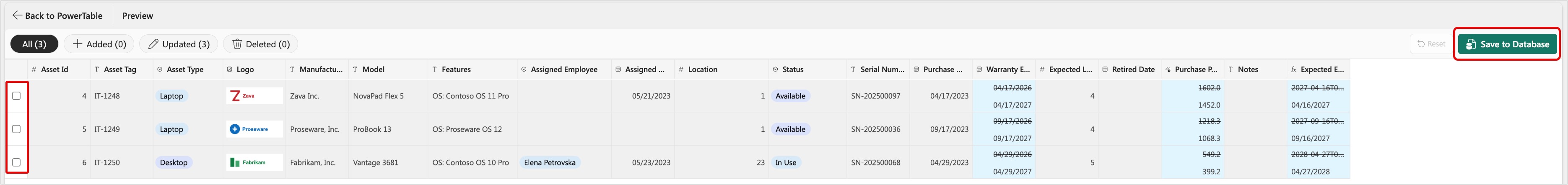 Screenshot of PowerTable action bar with the Save to Database button highlighted and no rows selected.