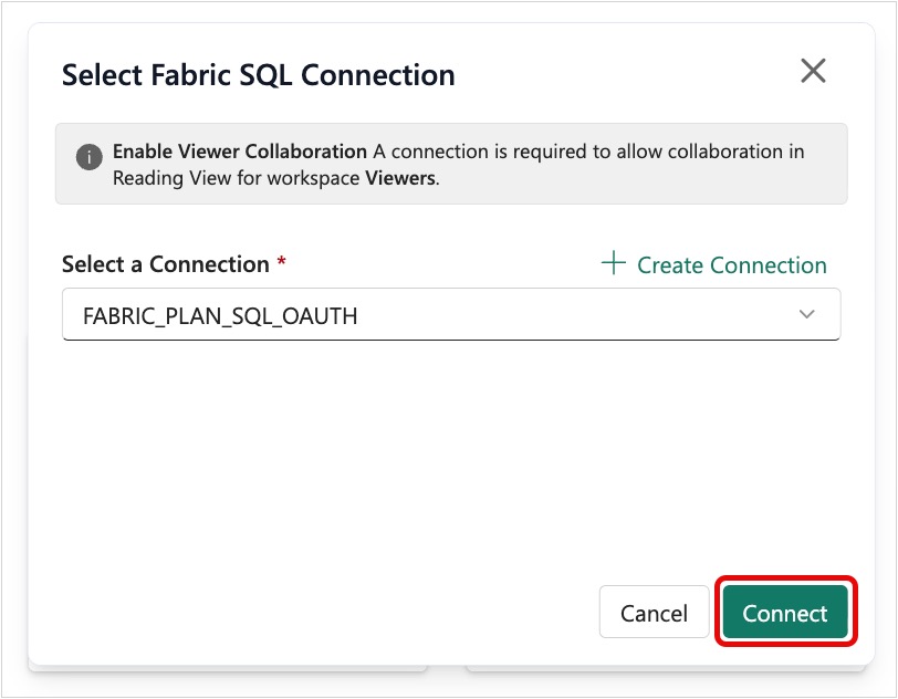 Screenshot of the Select Fabric SQL Connection pop-up with the Connect button highlighted.