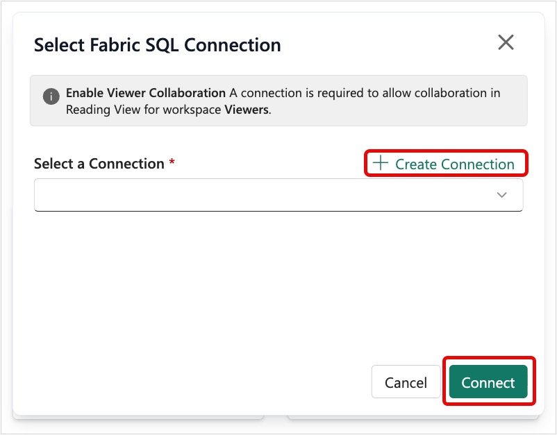 Screenshot of the Select Fabric SQL Connection pop-up with the Create Connection option highlighted.
