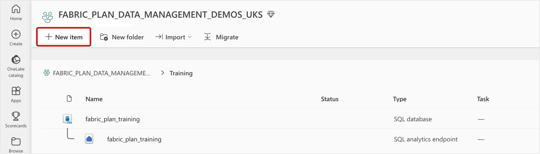 Screenshot of Fabric workspace toolbar with the New item button highlighted.