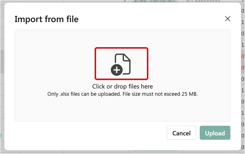 Screenshot of Import dialog file picker prompting you to select a file to upload.